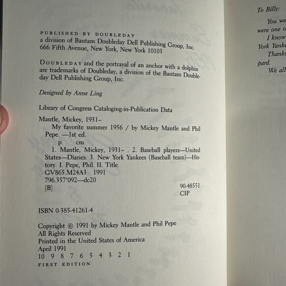 My Favorite Summer 1956 by Mantle, Mickey -- 1991 - 1st Edition - Picture 7 of 7